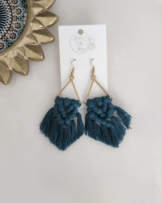 Peacock Blue Macrame Earrings | Macrame Dangle Earrings | Boho Jewelry