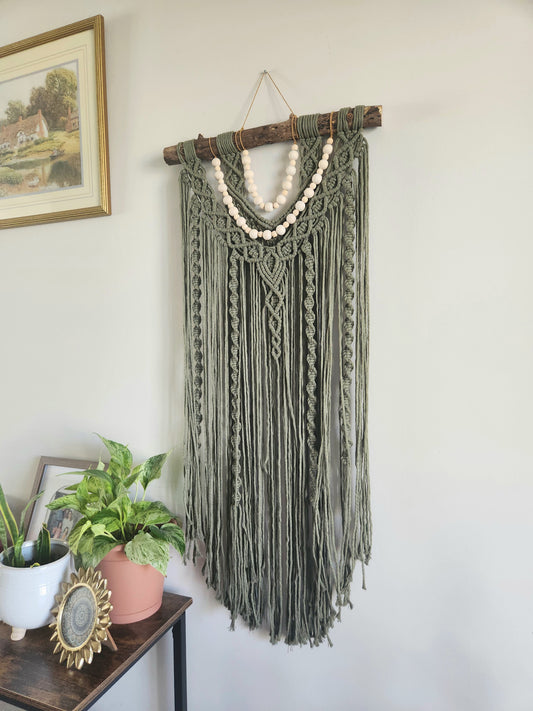 Moss Green Large Macrame Wall Hanging with Beading | Wall Tapestry | Boho Wall Decor | Beaded Decor | Natural Home Decor