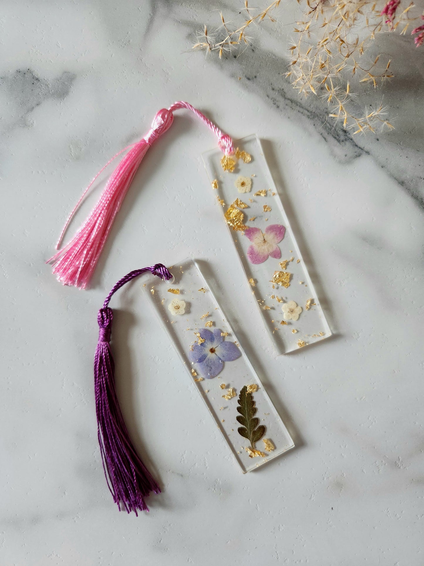 Pressed Flower Resin Bookmark with Gold Flakes